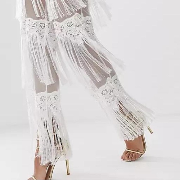 Lioness Embroidered Lace Fringe Tassel Tank Mesh White Jumpsuit - Picture 3 of 3